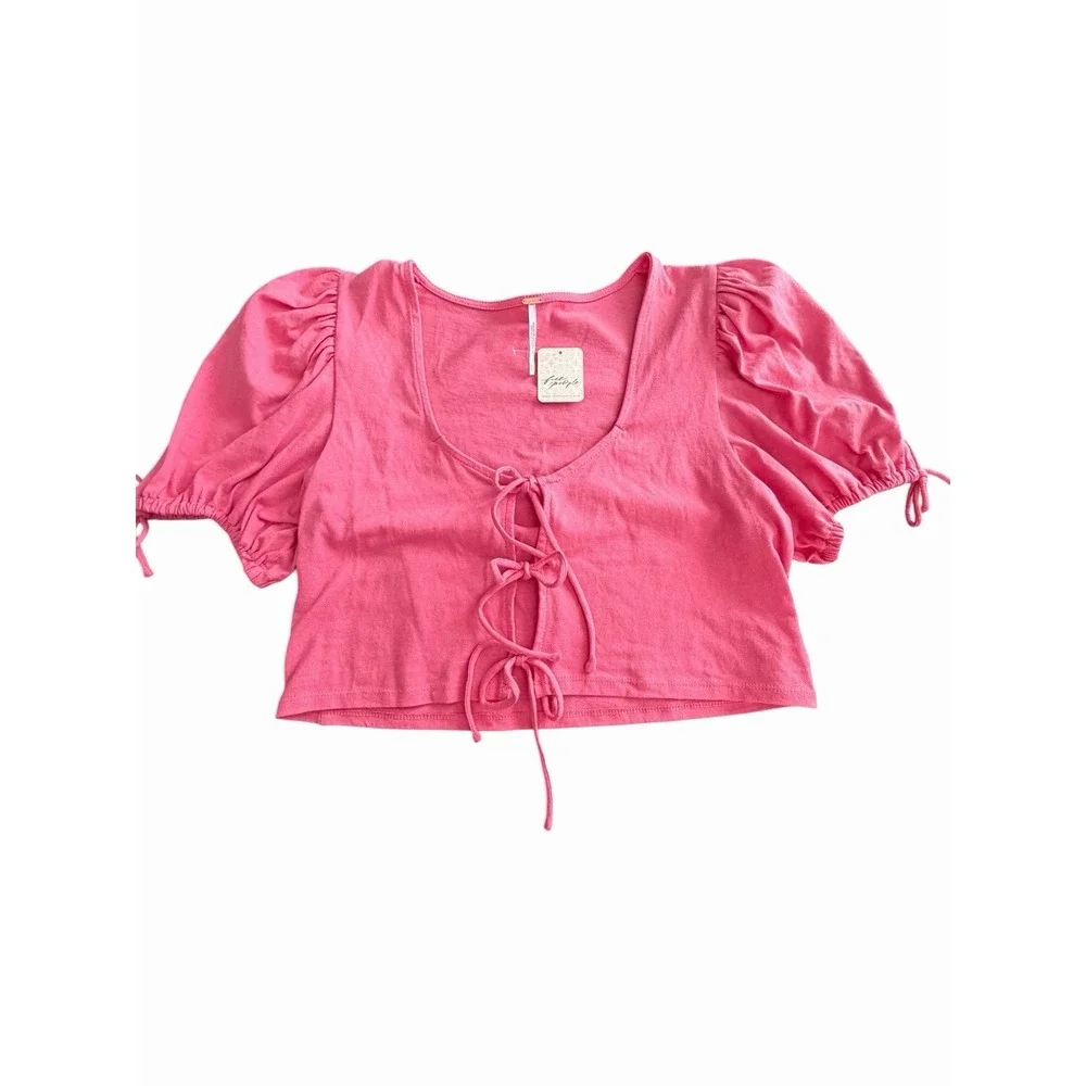 FREE PEOPLE Top Women's Sz Small Kitty Puff Sleeve Crop Top Ties Pink #FFF10-2